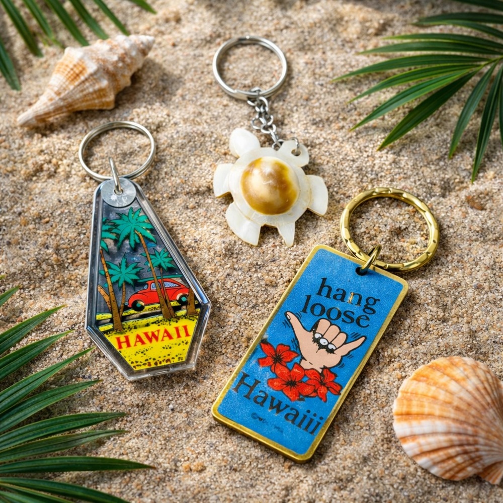 Vintage Hawaii Keychains Turtle Hang Loose Surfer Beach Vacation Souvenir